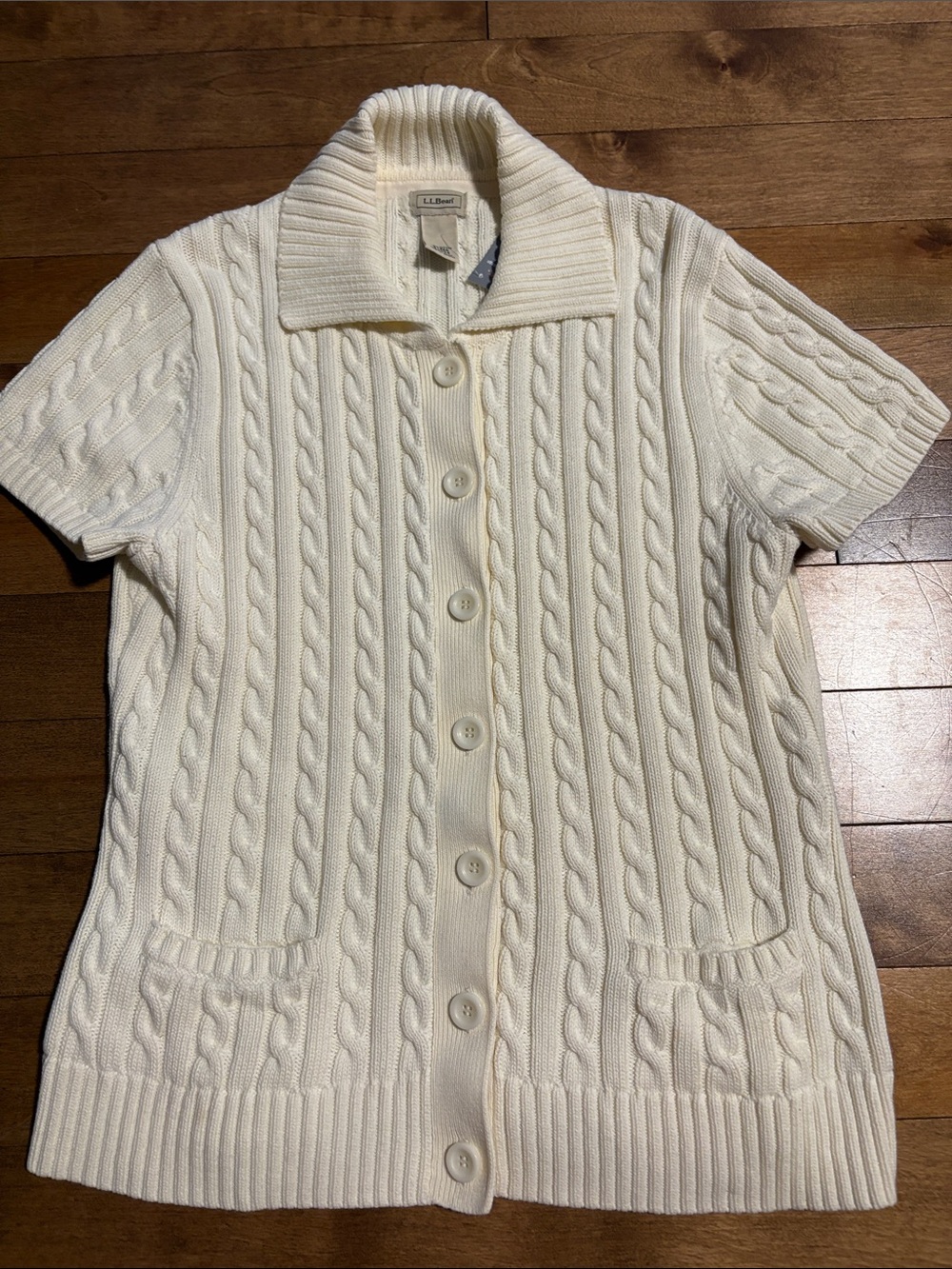 L.L. Bean Cotton Cream Cable-Knit Short Sleeve Button-Front Cardigan